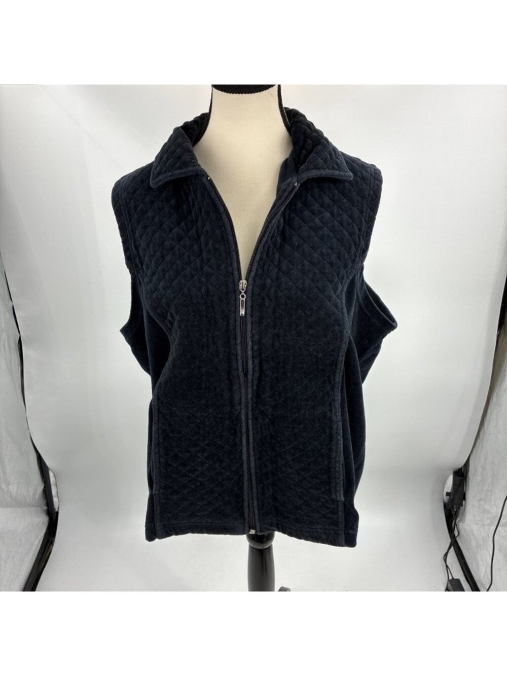 White Stag Womens Quilted Velour Vest Black Zip Front Casual Size XL
